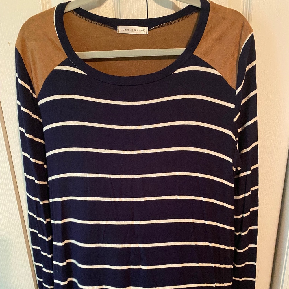 Navy, white stripes with faux suede panel on top